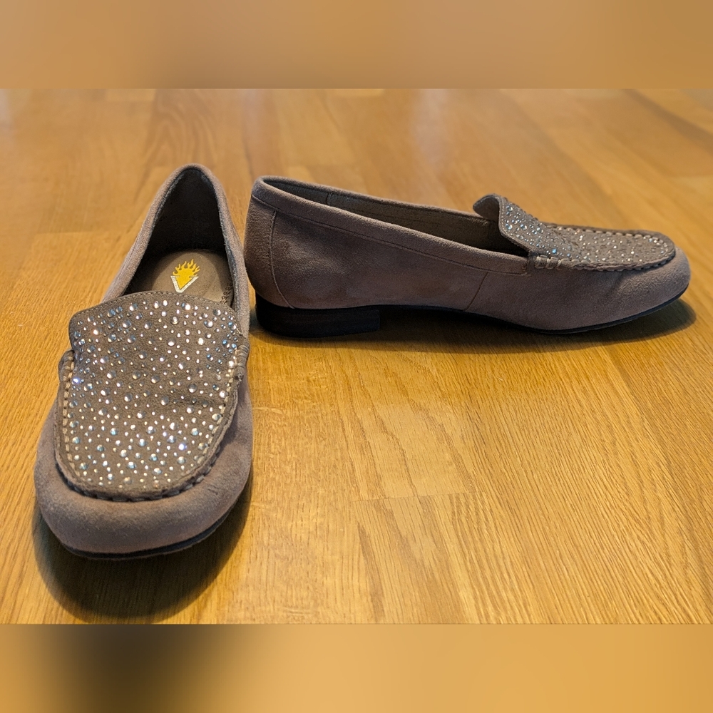 VOLATILE Comfy Suede Slip-On Loafer - Womens Size 7.5 - Tan/Rhinestone Bling